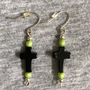 Handcrafted Black Onyx Cross Dangle Earrings